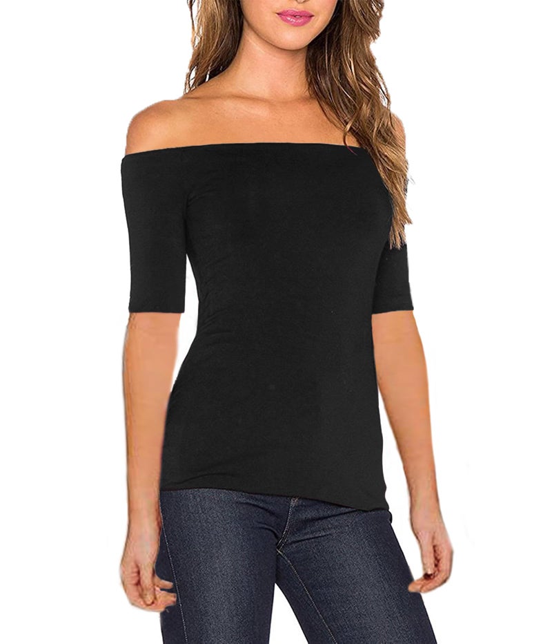 Sarin Mathews Women's Sexy Slim Fit Stretchy Off Shoulder Elbow Half Sleeve Blouse Tops Black XL - Image 2